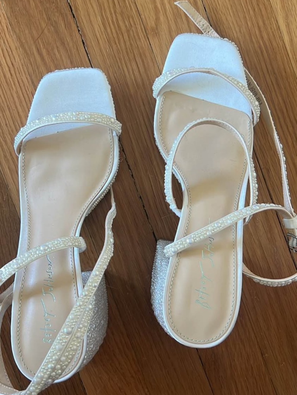 Betsy Johnson Pearl-Embellished White Strappy Block Heel Sandals